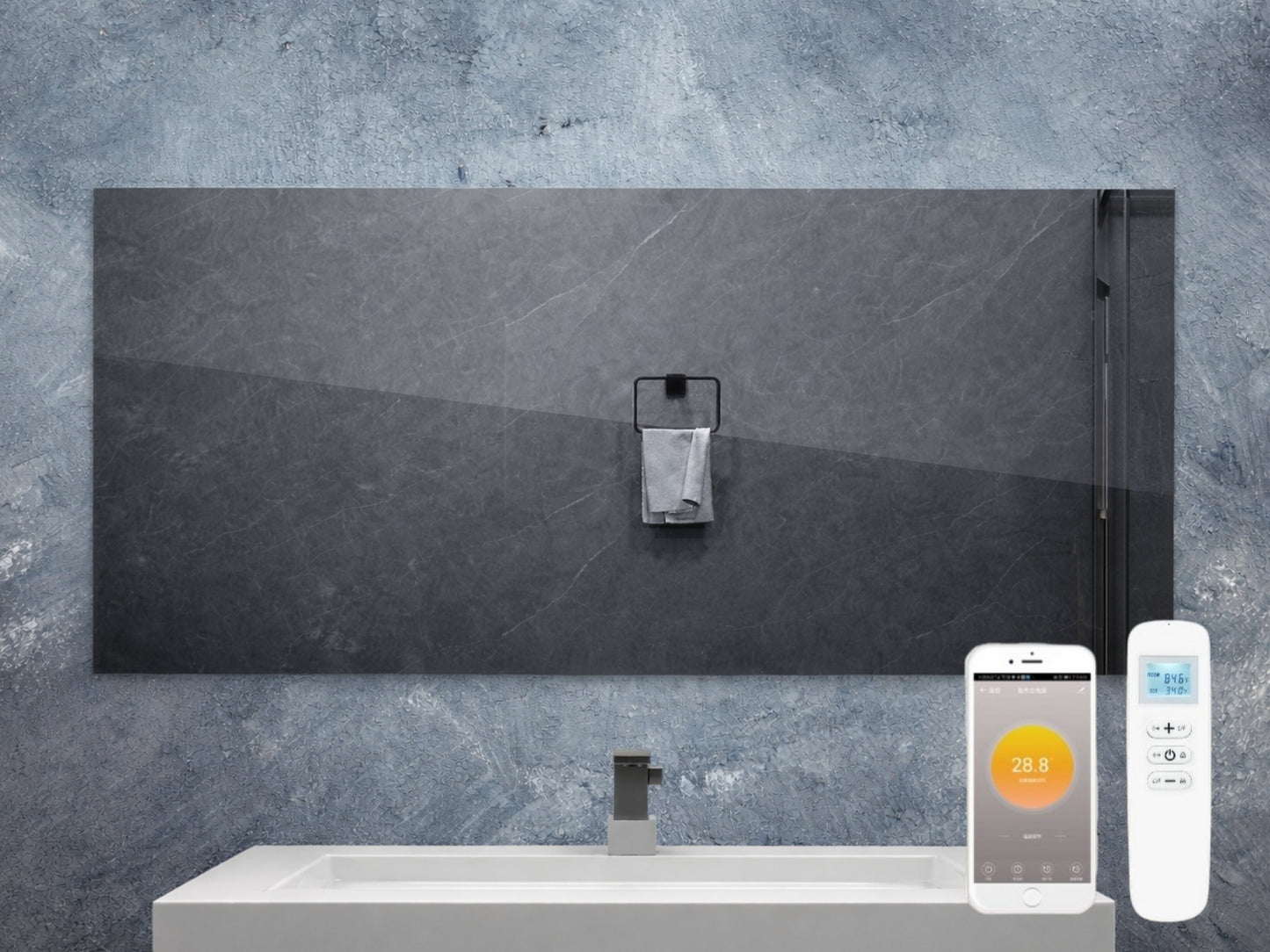 Zrcadlový infrapanel s LED osvětlením MIRROR 700W | Výhřevnost 12,5 m2 | 120x60 cm | WiFi termostat | Dálkový ovladač | Zrcadlo na šířku