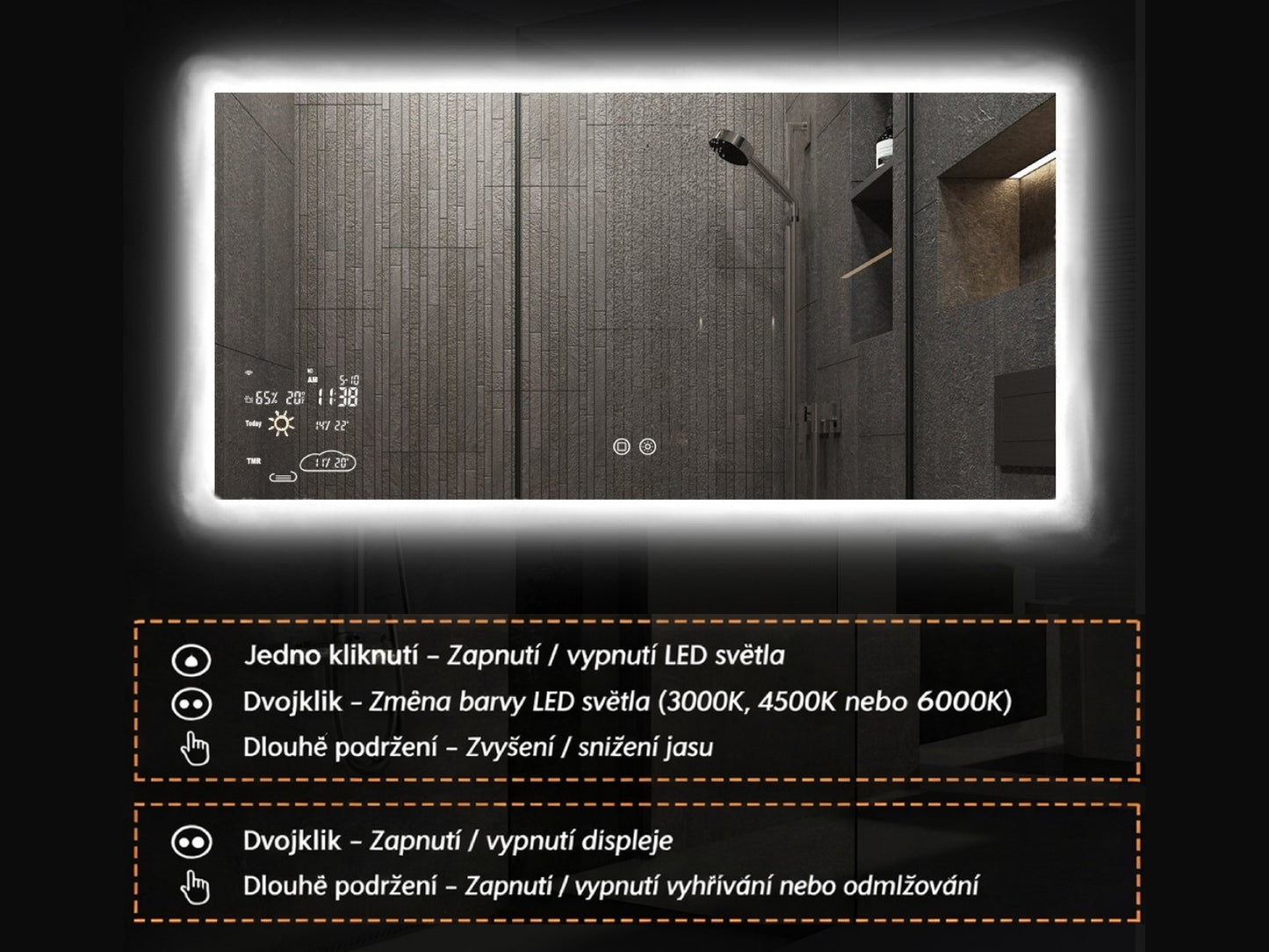 Chytré infrazrcadlo SMART MIRROR 250W | Výhřevnost 4,5 m2 | 80x60 cm | WiFi termostat | Dálkové ovládání | LED světlo | Zrcadlo na šířku