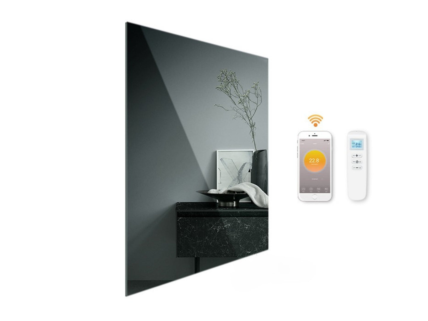 Zrcadlový infrapanel s LED osvětlením MIRROR 320W | Výhřevnost 6 m2 | 60x60 cm | WiFi termostat | Dálkový ovladač | Zrcadlo na šířku