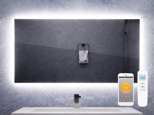 Zrcadlový infrapanel s LED osvětlením MIRROR 700W | Výhřevnost 12,5 m2 | 120x60 cm | WiFi termostat | Dálkový ovladač | Zrcadlo na šířku