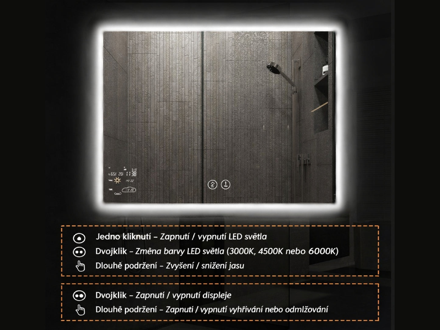 Chytré infrazrcadlo SMART MIRROR 200W | Výhřevnost 3.6 m2 | 60x60 cm | WiFi termostat | Dálkové ovládání | LED světlo